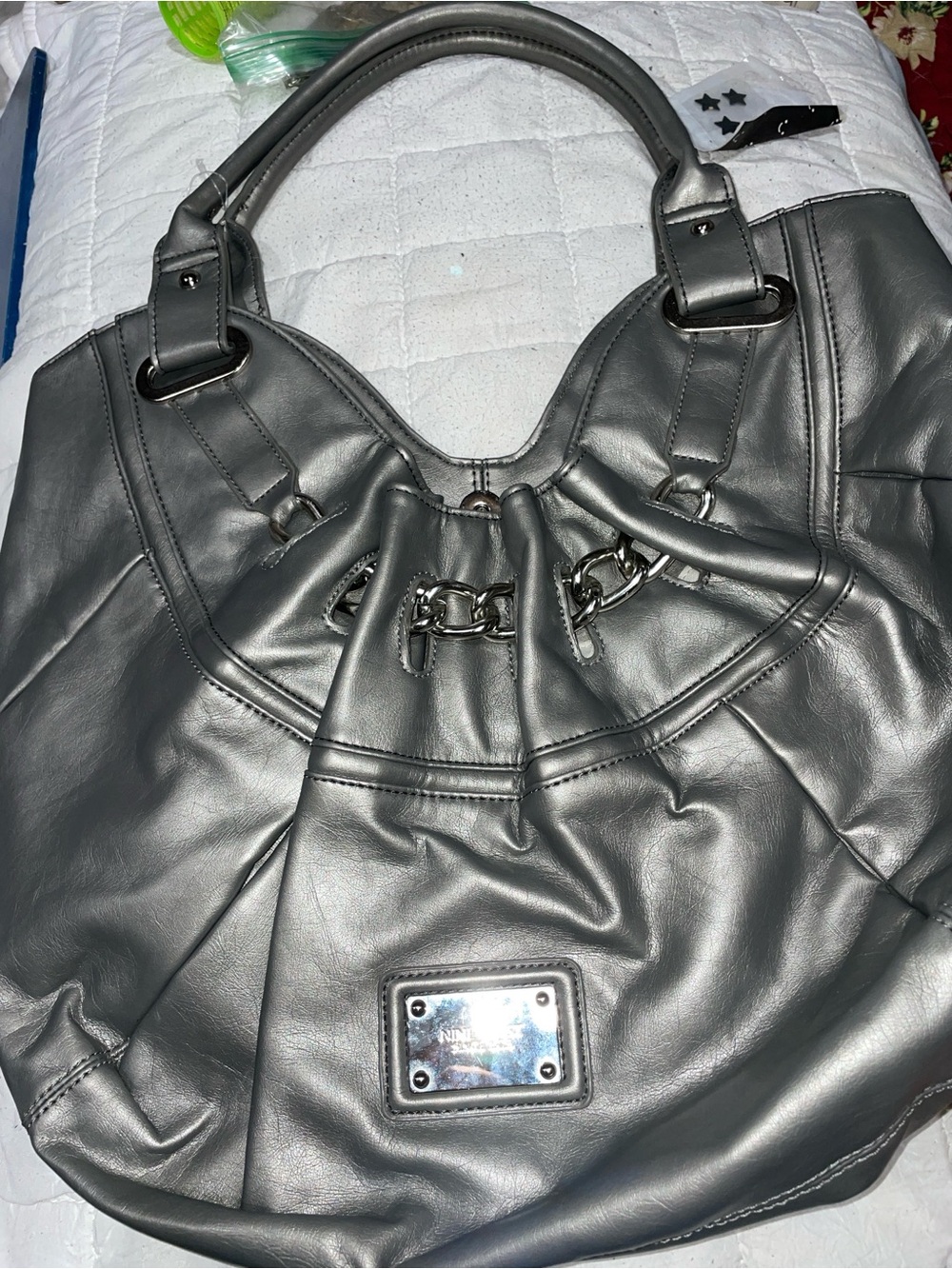 Women's Metallic Gray Tote Bag - Sleek Everyday Shoulder Bag